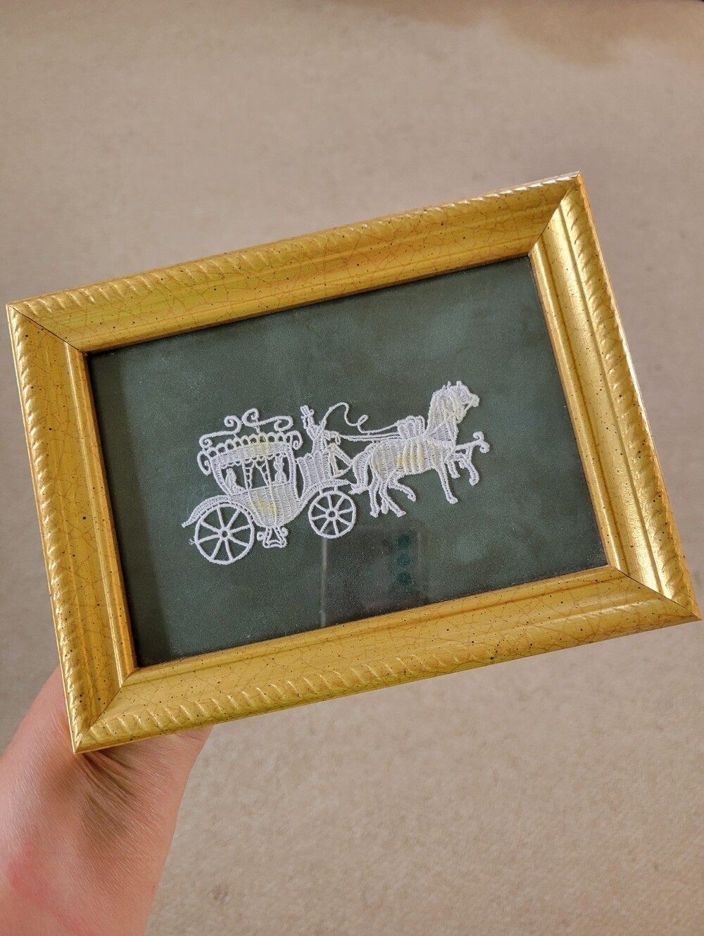 Horse and Carriage Embroidered Artwork Gold-tone Frame ~ Vintage Victorian Look